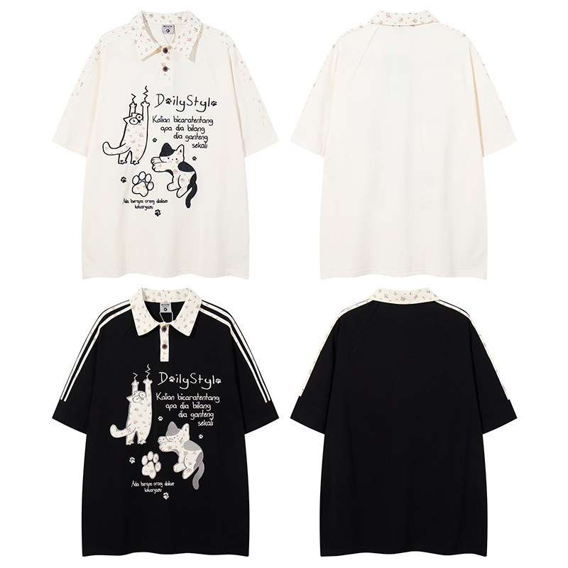 Retro Cute Cat Letter Embroidery Turn-Down Collar Short Sleeve T-Shirt Men's Loose Casual Couple Top