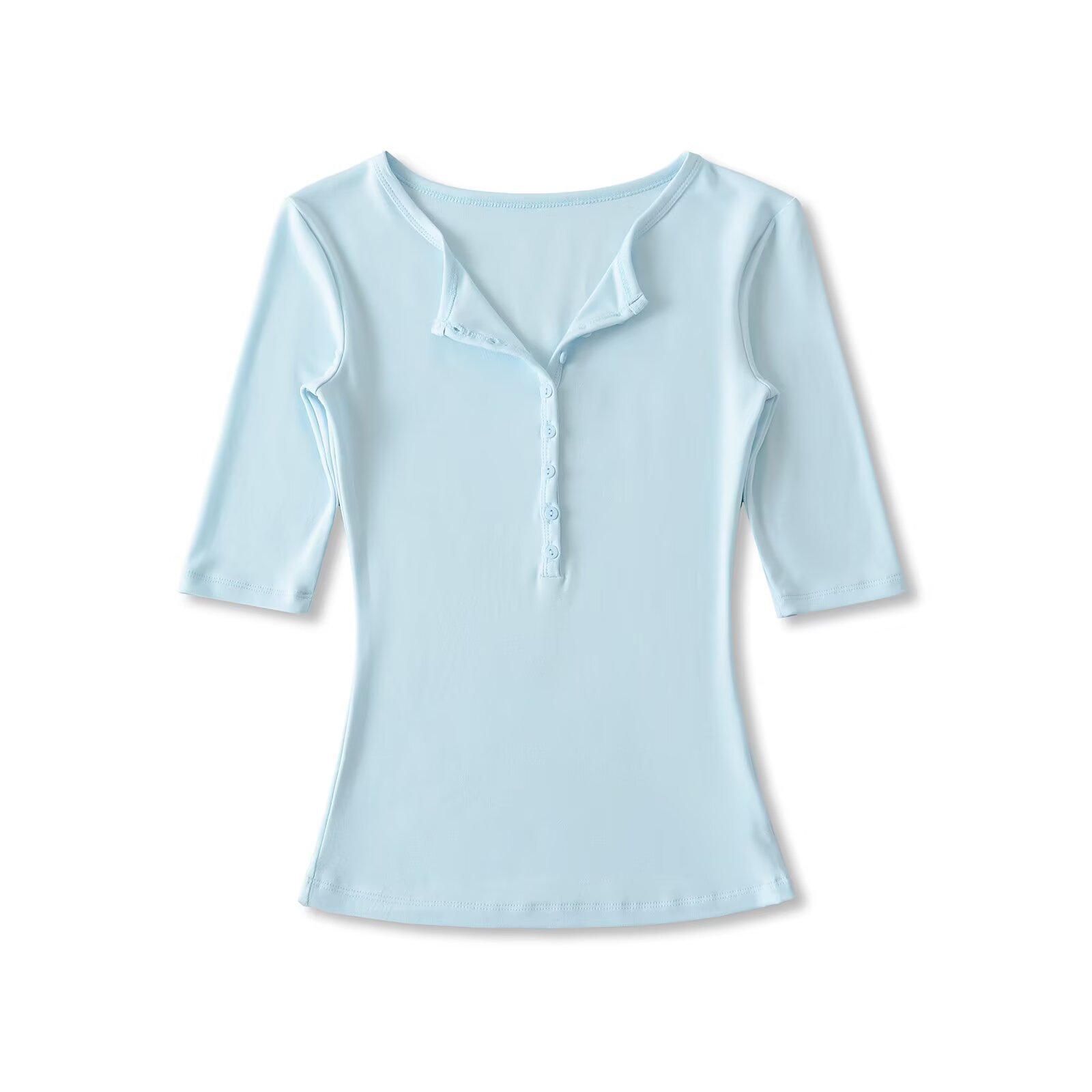 V-Neck Single Row Button Mid-Sleeve T-Shirt