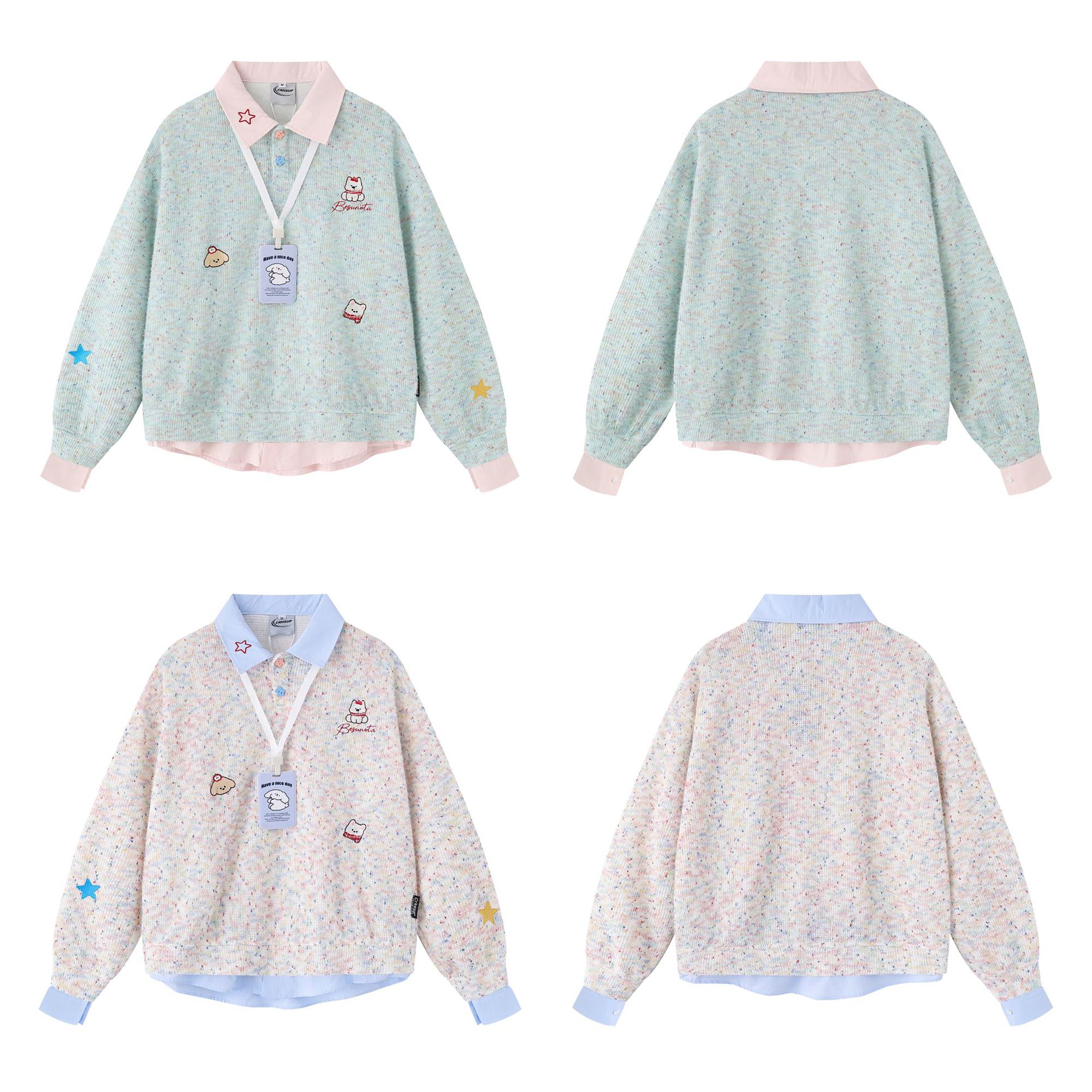 Retro Layered Oversized Puppy Motif Fold-Over Sweatshirt