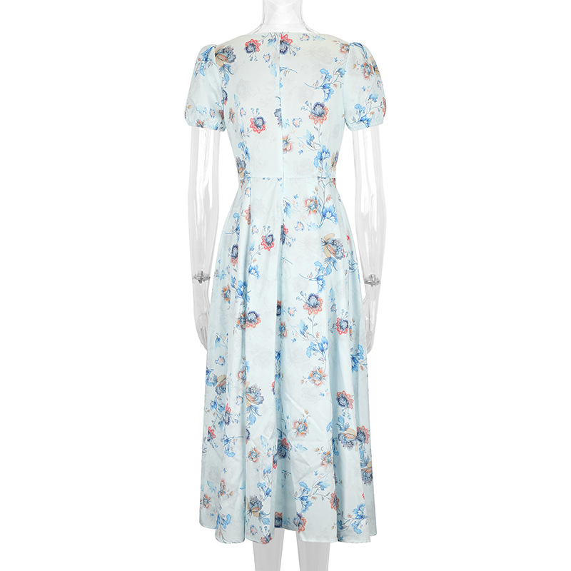 Short Puff Shoulder Botanical Maxi Dress