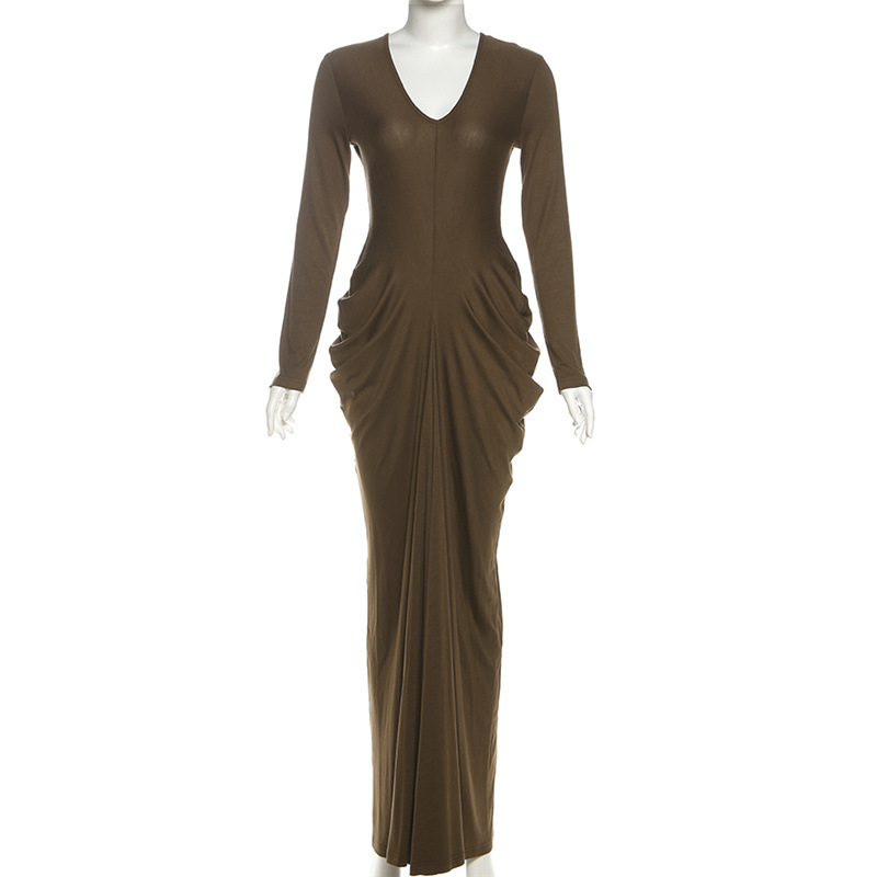 Crinkled Plunging Fitted Plain Full-Sleeve Maxi Dress