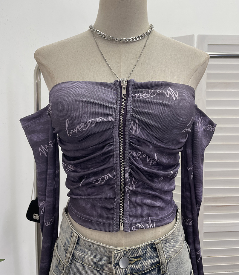 Polyester Smudge Print Open-Front Full-Sleeve Cropped Tee