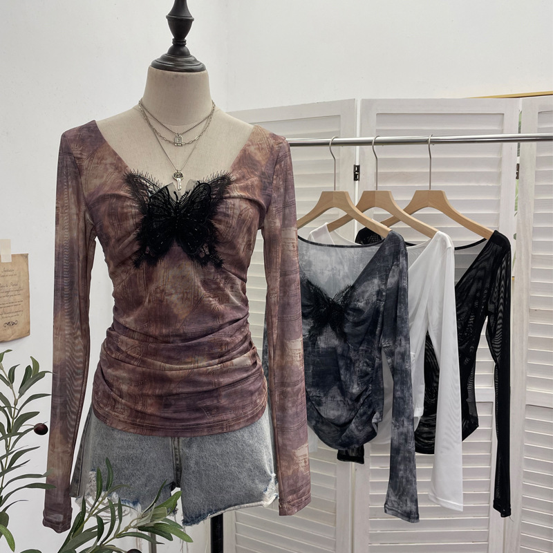 Plunging Neckline Long Sleeve Slim Fit Top