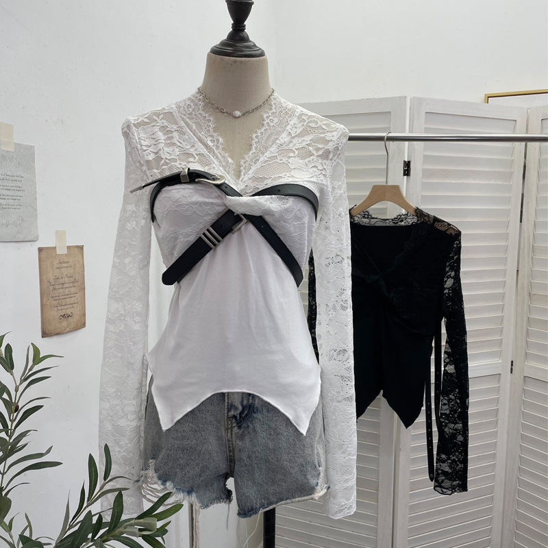 Plunging Wrist-Length Cropped Asymmetric Hem Cinch-Waist Top