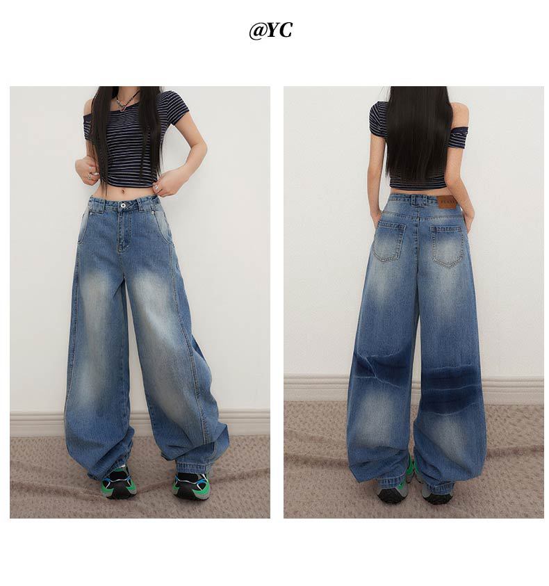 Deconstructed Knife-Edge Denim Pants for Women High-Waisted Wide-Leg Pants