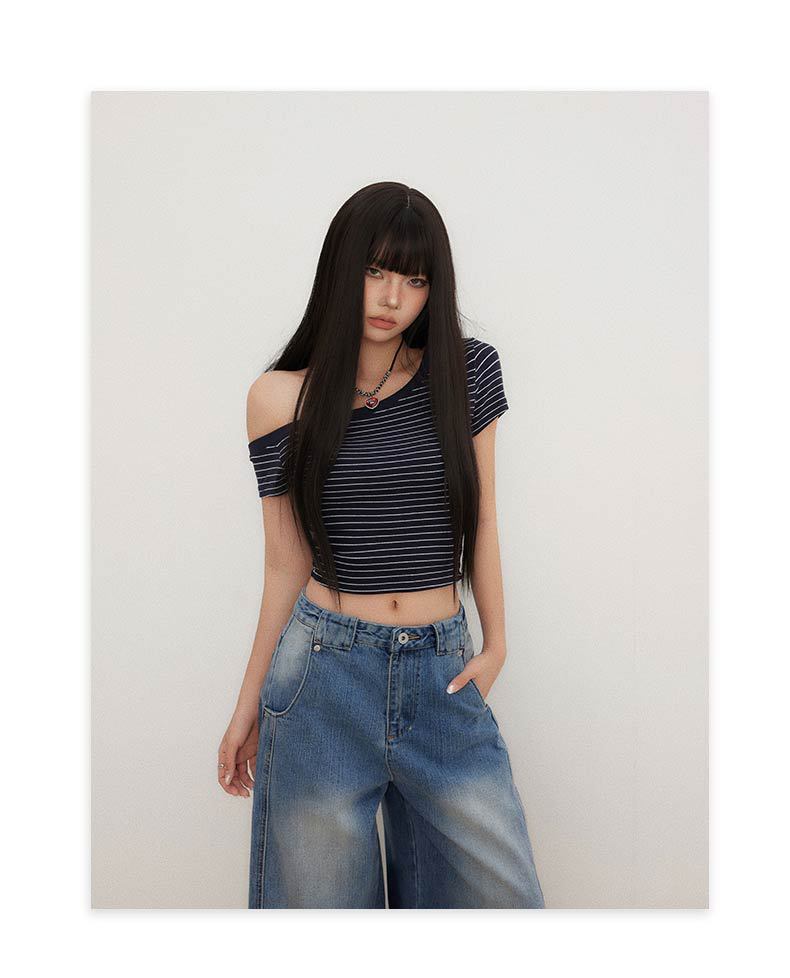 Deconstructed Knife-Edge Denim Pants for Women High-Waisted Wide-Leg Pants