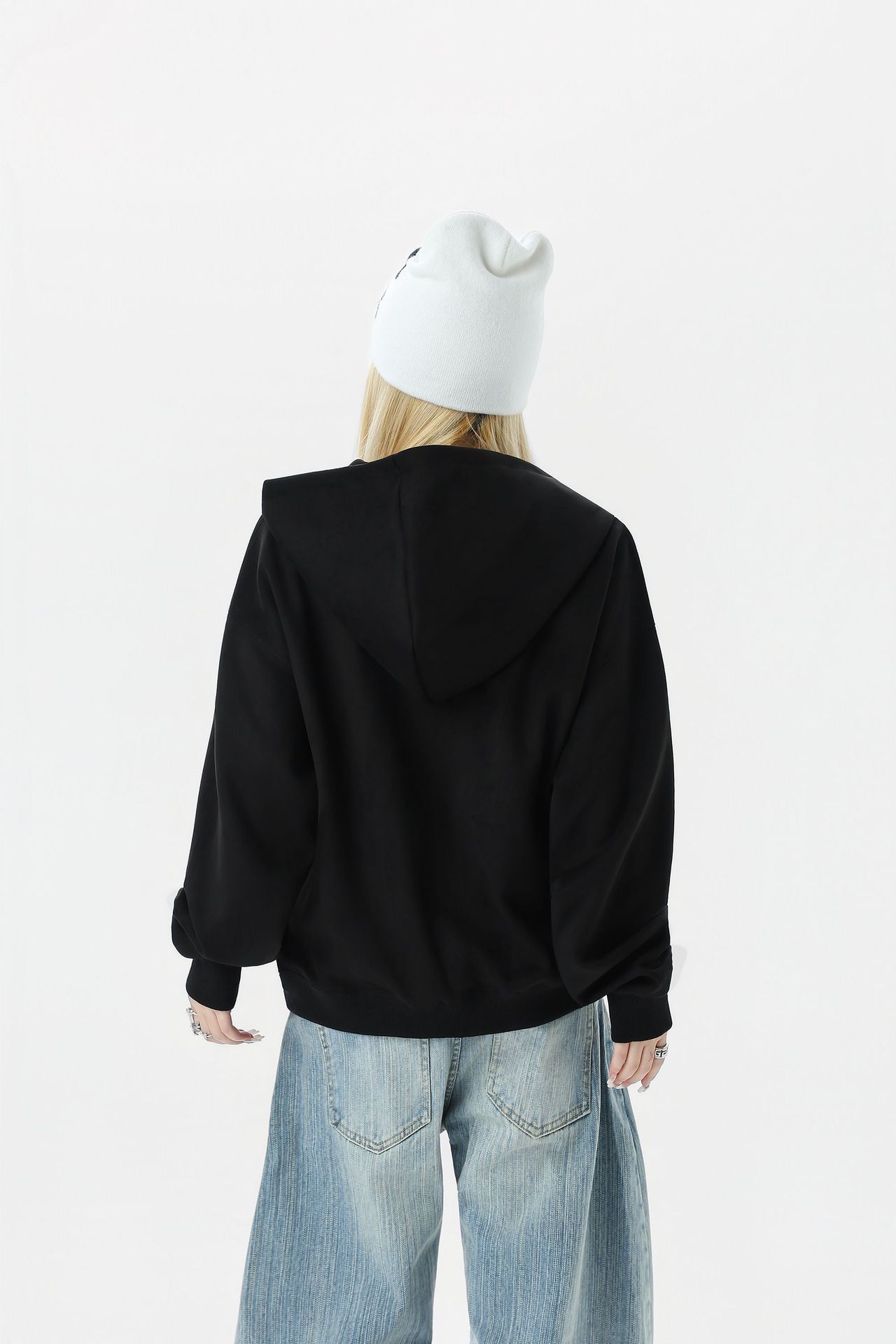 Streetwear Men Oversized Cropped Patterned Hood Zip Sweatshirt