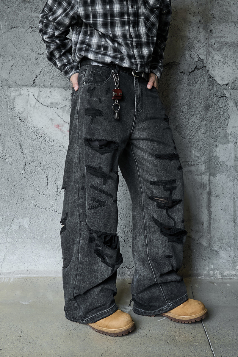 Denim Pants Loose Wide Leg Men High Street Post-Apocalyptic Style Ripped Design Plus Size Trendy Brand Original Dark Hip Hop Straight Leg Pants