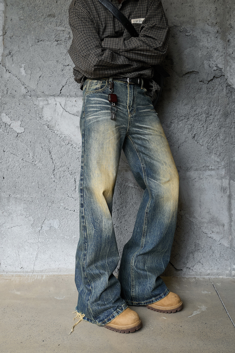 Washed Cat-Whisker Yellow Mud-Dyed Knife-Edge Jeans Women Cleanfit Washed Ripped Versatile Slightly Flared Pants
