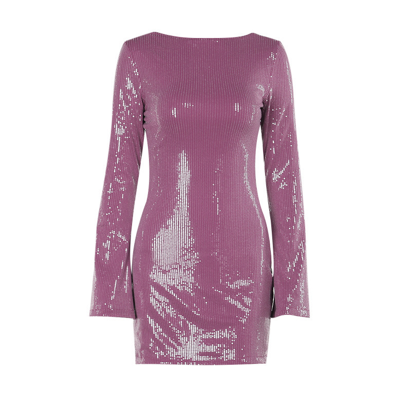 Sparkly Open Back Bodycon Full Sleeve Mini Dress
