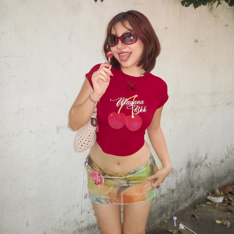 Tropical Print Raglan Fitted Crop Polyester Spandex T-Shirt