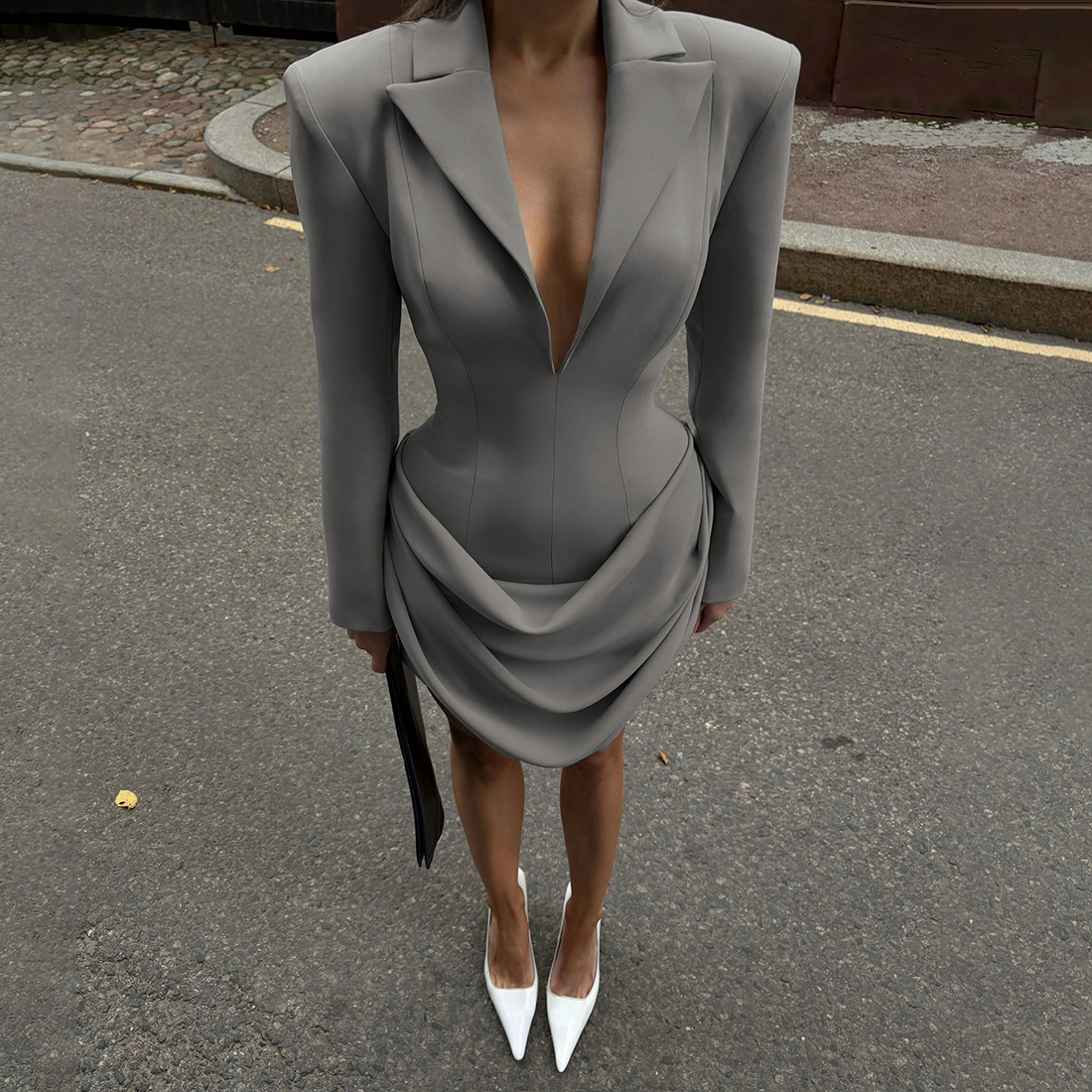 Plunging Neckline Fitted Nipped-In Polyester Dress