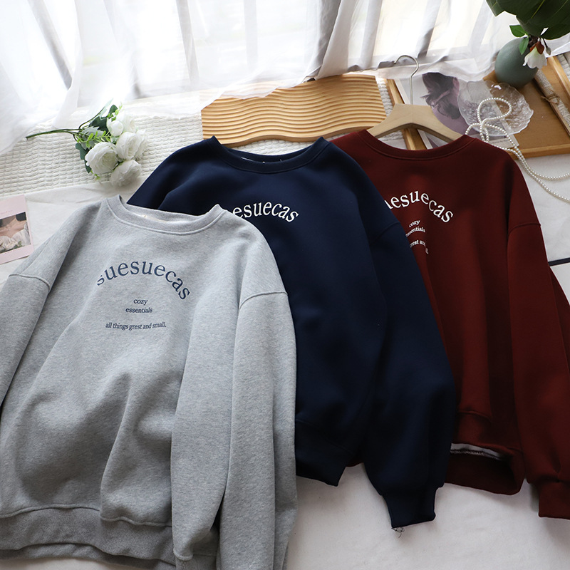 Casual Loose Fleece Lined Hoodie with Letter Print Round Neck Style Women's Sweatshirt