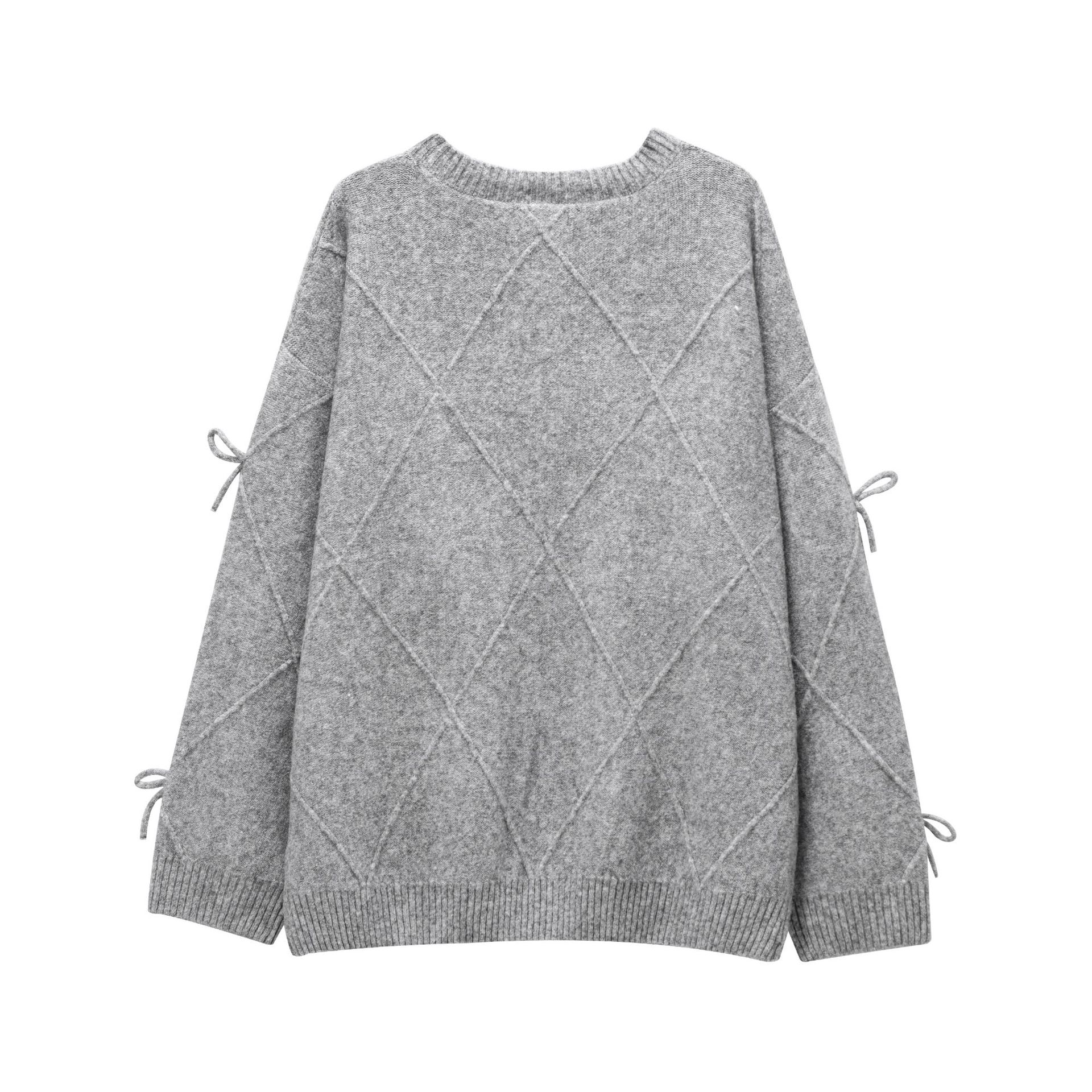 Ladies Solid Crew Ribbon Accent Sweater