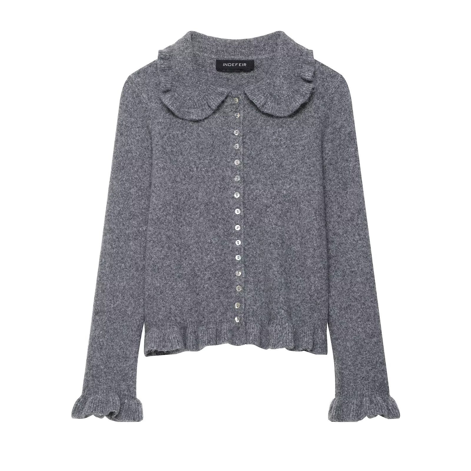 Ladies Charcoal Ruffle One-Button Flip Collar Sweater
