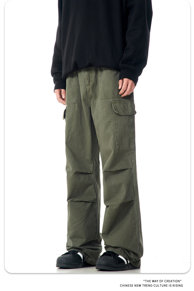 Faded Vintage Pleated Trendy Loose Fit Straight Leg Wide Leg Casual Trousers for Men and Women