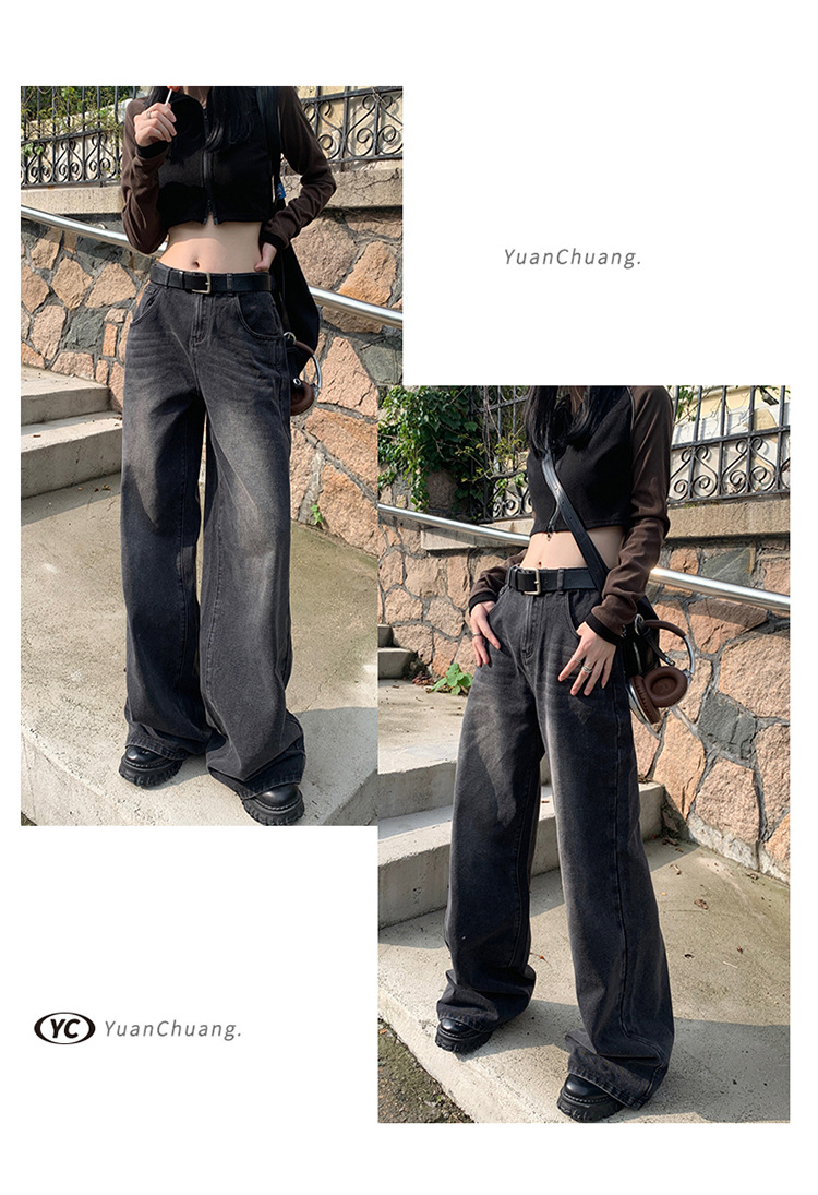 Women's Faded Black and Gray Denim Pants High-Waisted Loose Floor-Length Wide-Leg Trousers