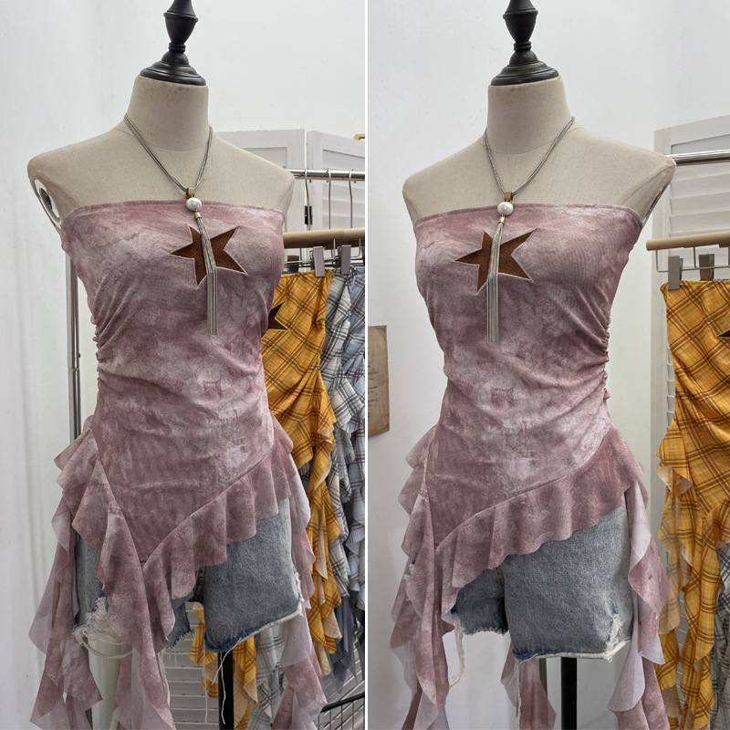 Sultry Asymmetric Plaid Mesh Strapless Top