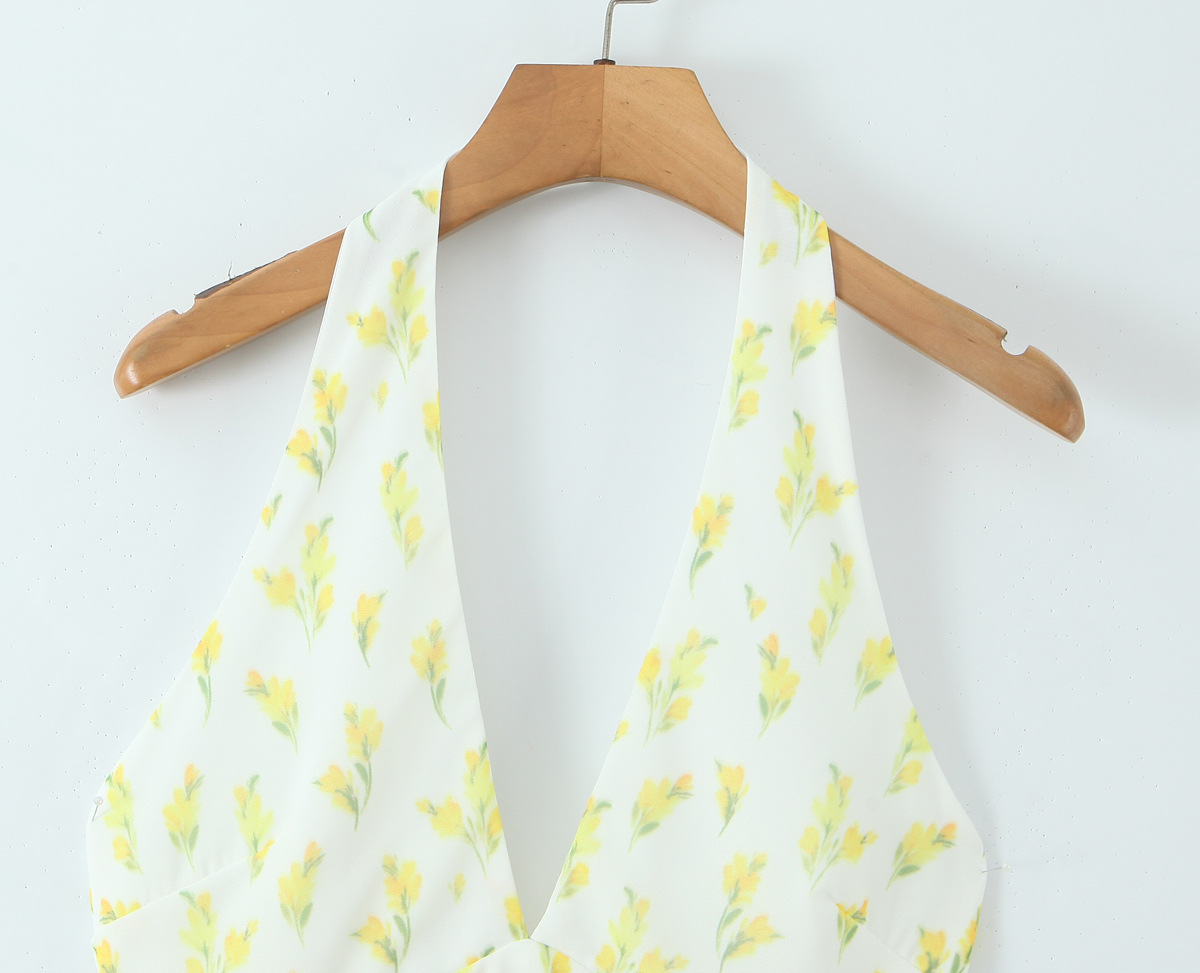 Printed deep V backless hanging neck waist dress