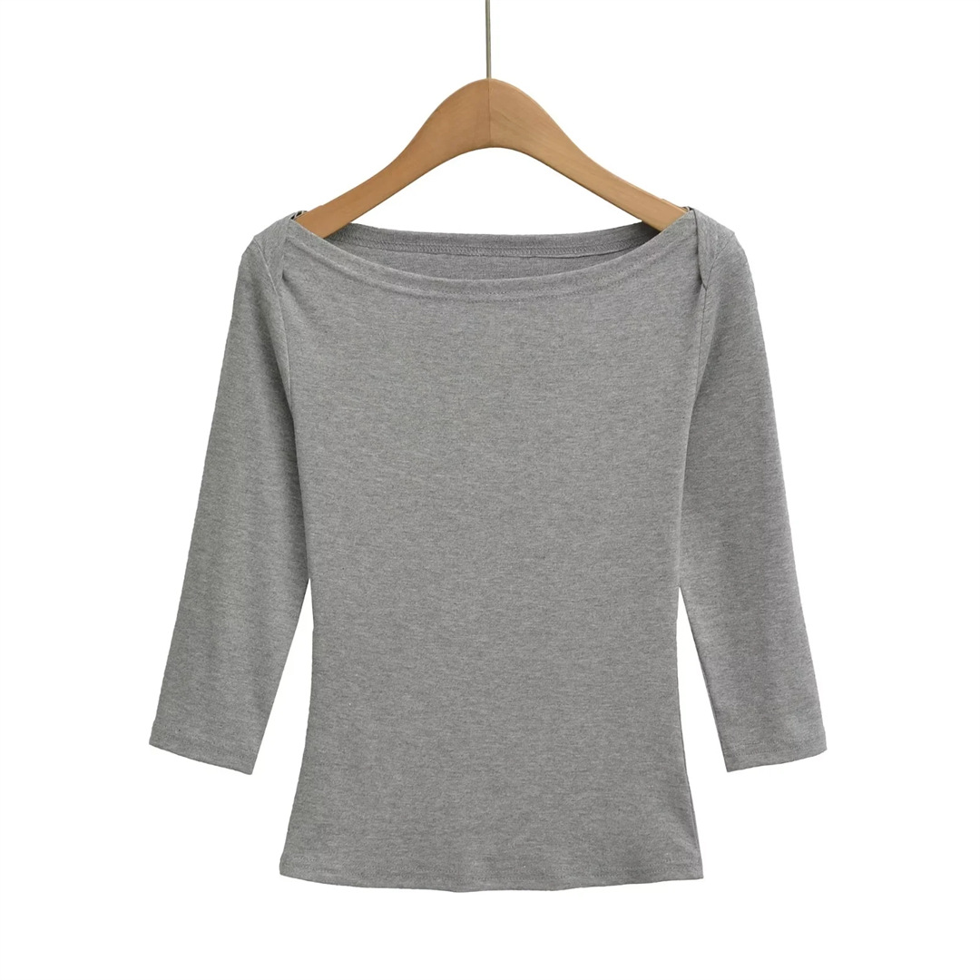 Slim Fit Plain Asymmetric Neck Elbow-Length Midriff Tee