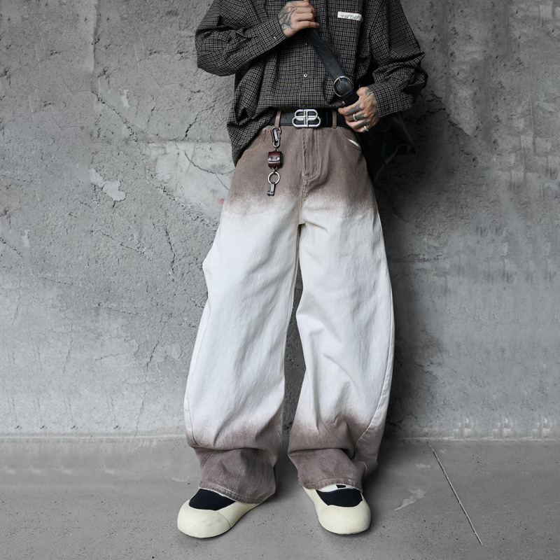 Retro Style Washed Ombre Color Knife-Edge Jeans for Men and Women, Loose Floor-Length Wide Leg Pants