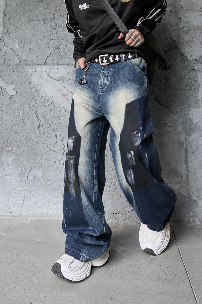 Hip-hop Style Dyed Graffiti Denim Pants for Men and Women, High Street Fashion, Straight Leg, Loose Fit, Casual Long Pants