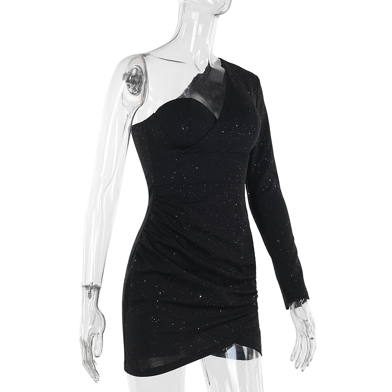 Asymmetric V-Neck Full Sleeve Pleat Detail Fitted Dress