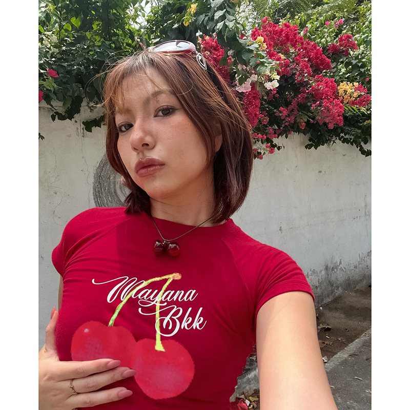 Tropical Print Raglan Fitted Crop Polyester Spandex T-Shirt