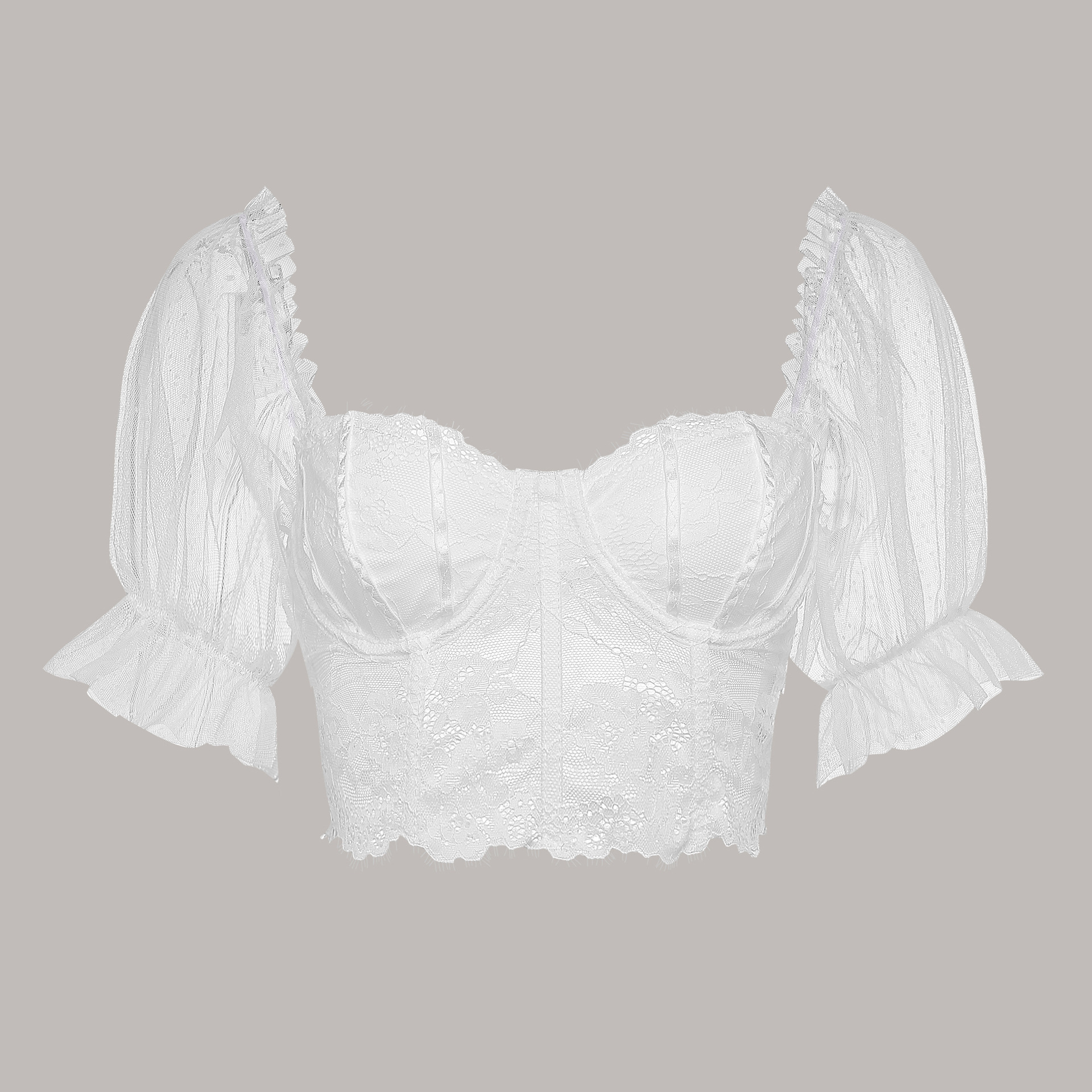 Lace steel ring fishbone top with polka dot bubble sleeves short women's t-shirt