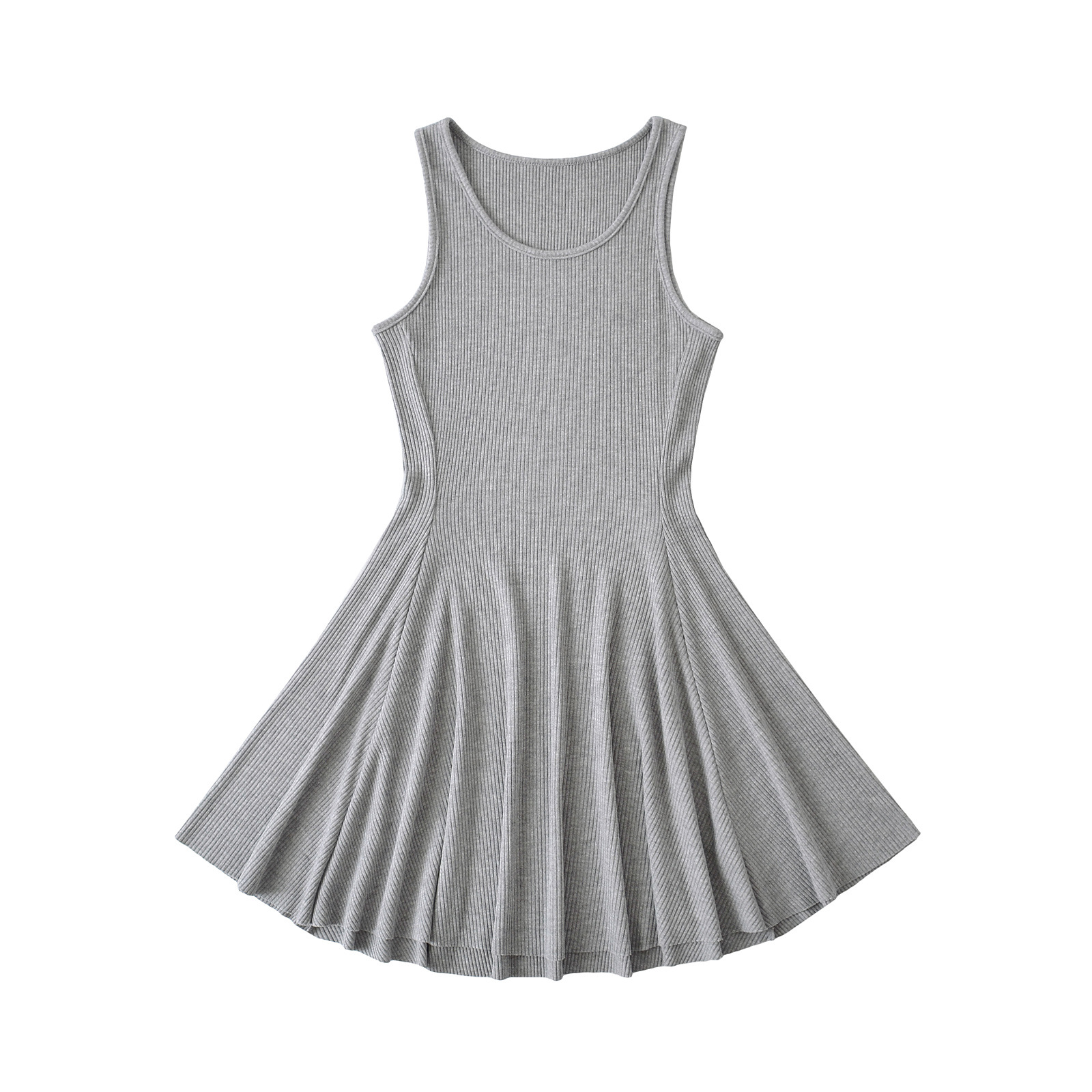 Round Neck Solid Waistline Flared A-Line Dress Short Skirt