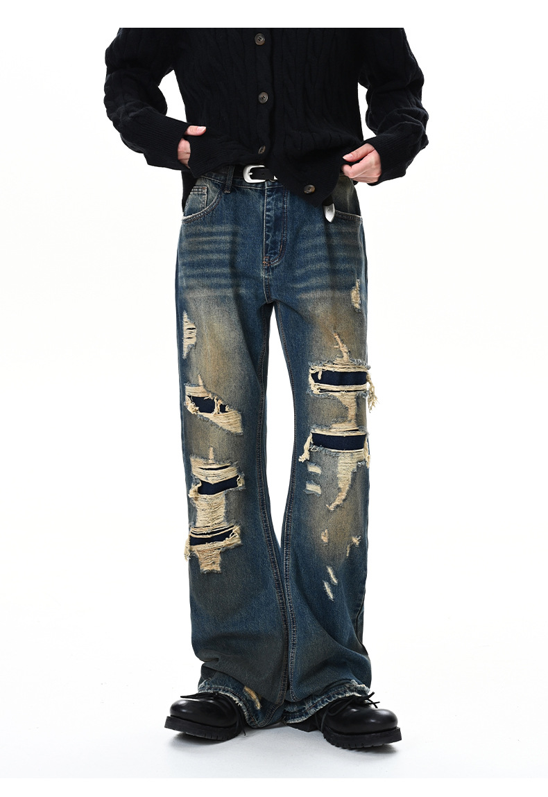 Washed Distressed Cat Whiskers Spray Monkey Dark Blue Denim Pants Unisex