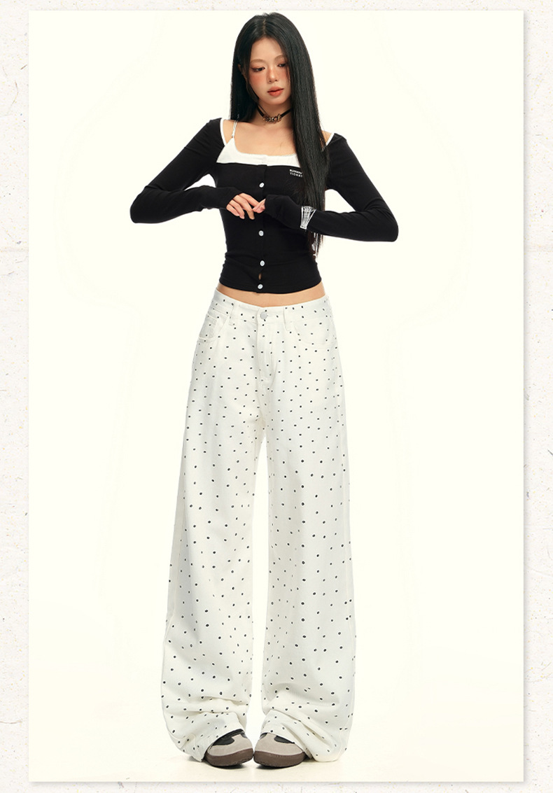 Women's Black and White Polka Dot Slimming Loose Straight Jeans High Waist Wide Leg Pants