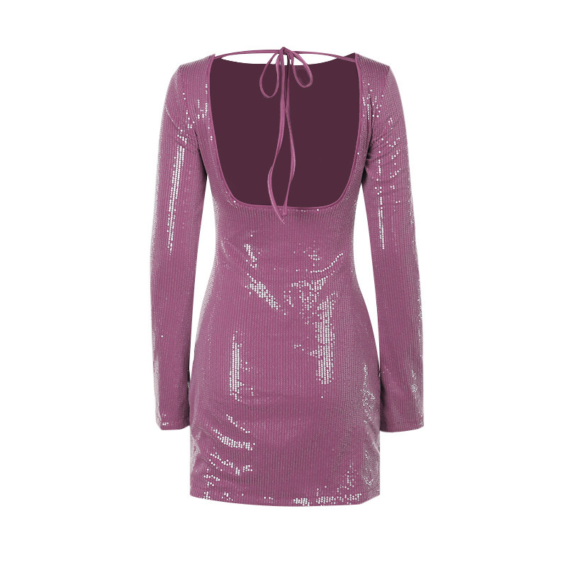 Sparkly Open Back Bodycon Full Sleeve Mini Dress