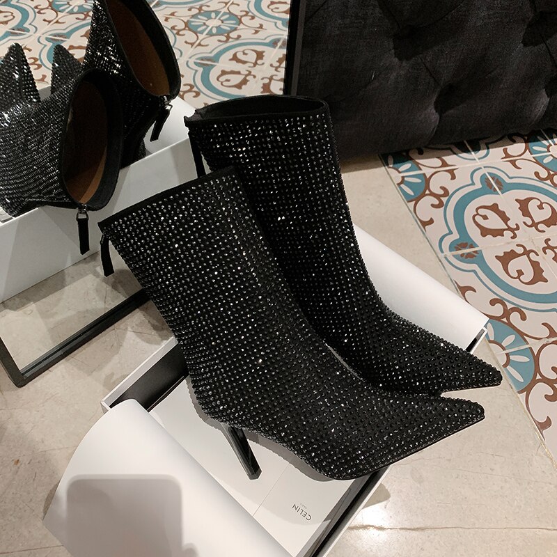 Women's Rhinestone High Heel Booties Fall New Pointed Toe Mid Boots 8.5cm High Heel Black Rhinestone Side Zipper Boots Size 39