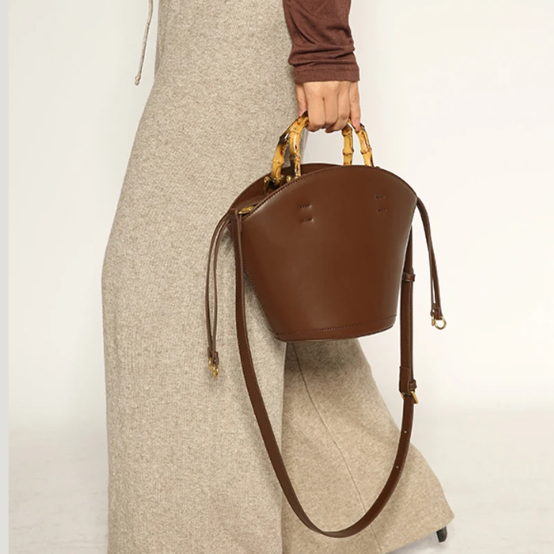 New design bucket bag fashion bamboo handle soft leather women bag single shoulder crossbody bag