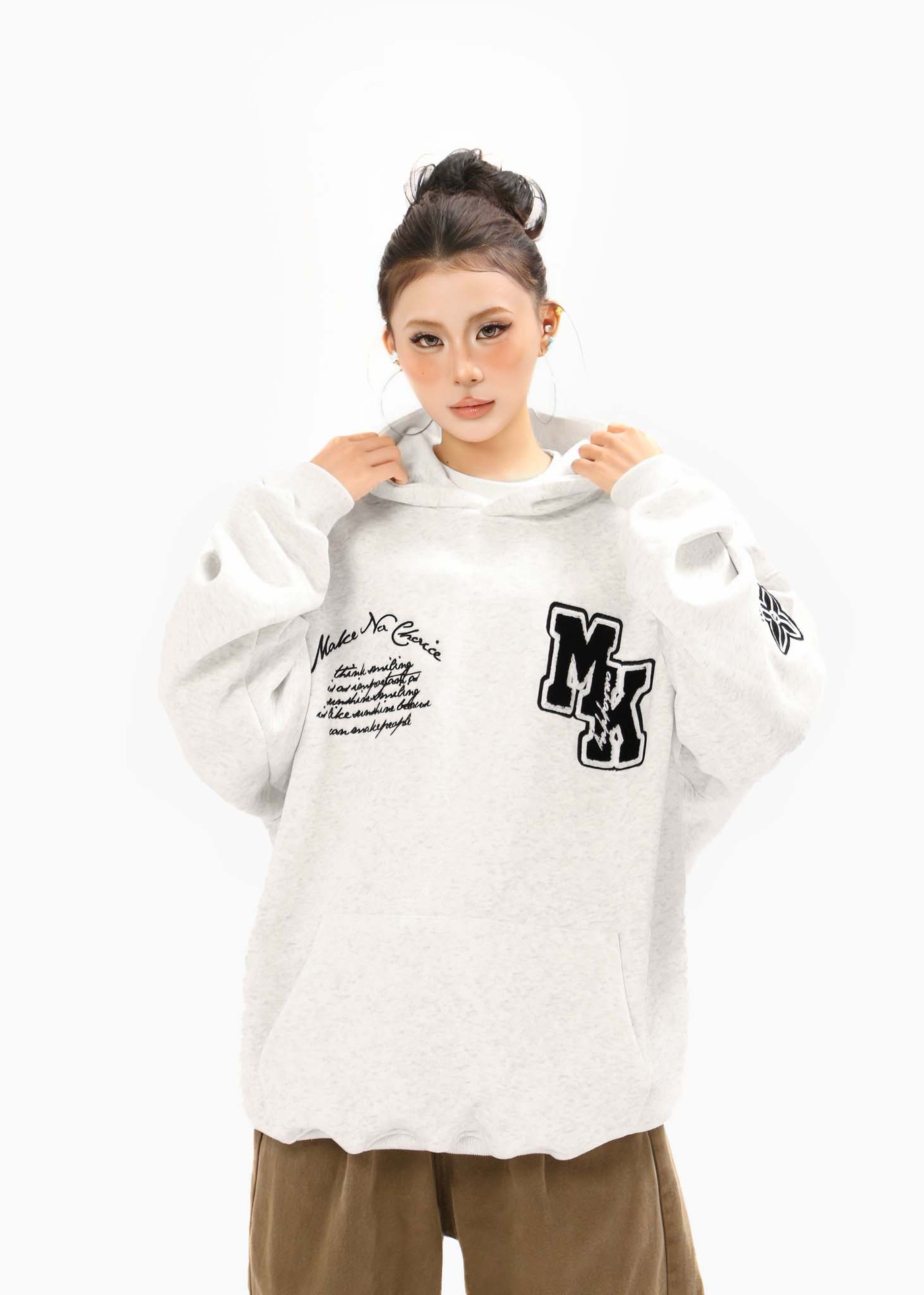 Text Embroidered Long Sleeve Oversized Cotton Hoody