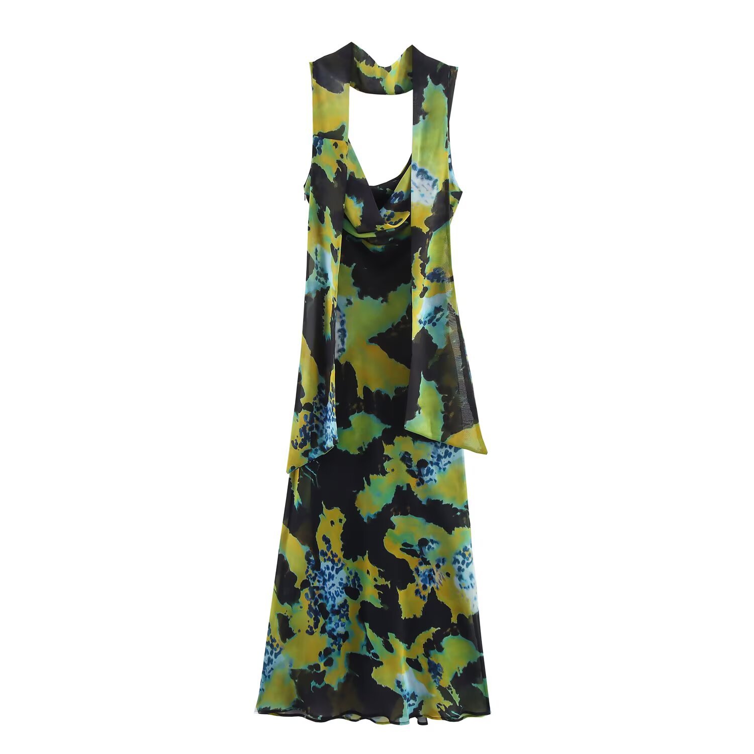 Patterned Tie Halter Open Back Dress