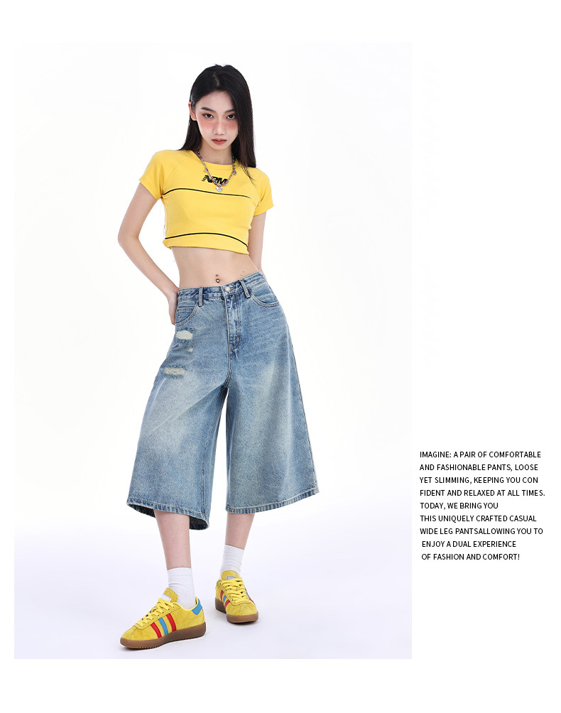 Retro Distressed Seven-Quarter Denim Pants for Women High Waist Slimming Loose Faded Straight Leg Mid-Length Trousers