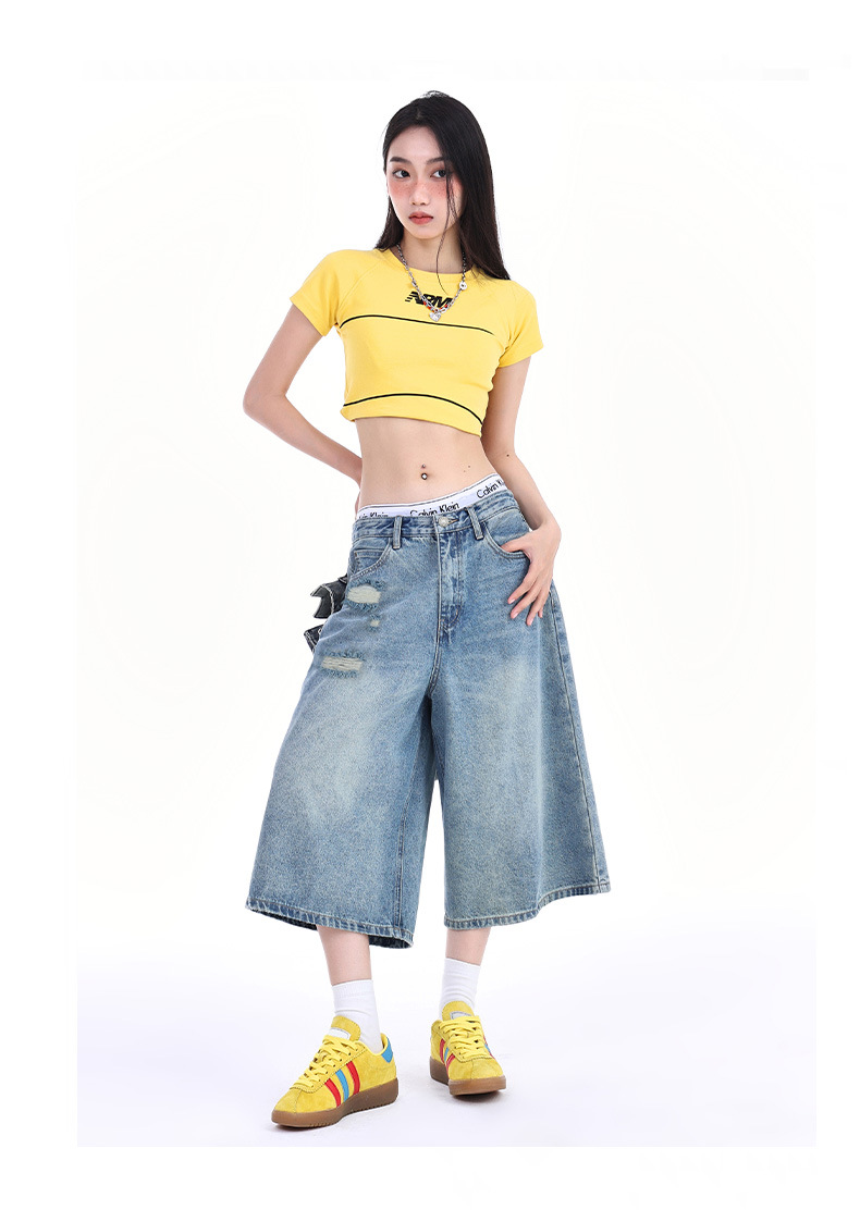 Retro Distressed Seven-Quarter Denim Pants for Women High Waist Slimming Loose Faded Straight Leg Mid-Length Trousers