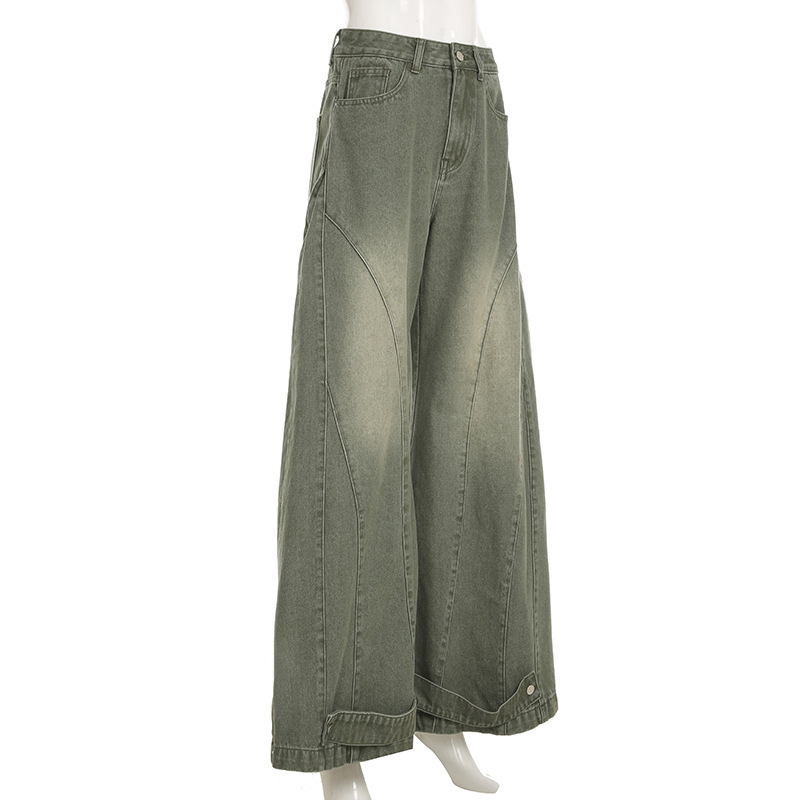 Washed curved knife women's autumn and winter loose fitting patchwork wide leg jeans
