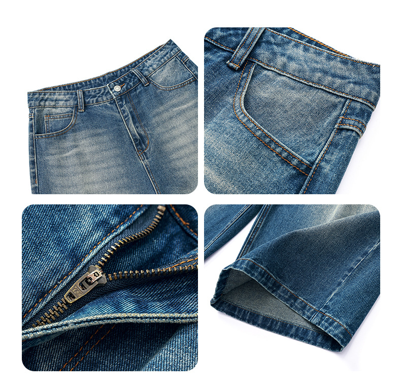 Women's Washed Seven-Quarter Denim Pants Loose Straight Wide-Leg Mid-Length Trousers