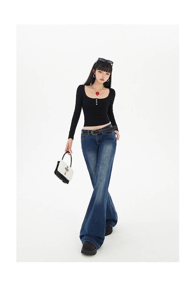 Blue Low-Waist Flared Jeans for Women Autumn Casual Versatile Hanging Flared Pants