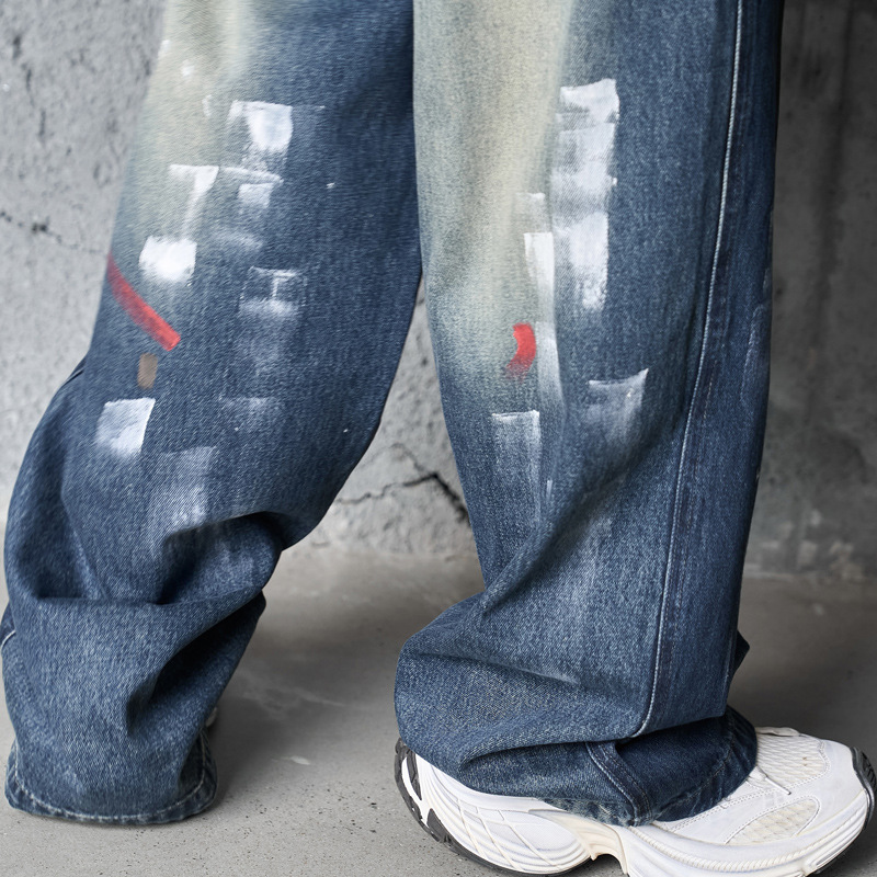Hip-hop Style Dyed Graffiti Denim Pants for Men and Women, High Street Fashion, Straight Leg, Loose Fit, Casual Long Pants
