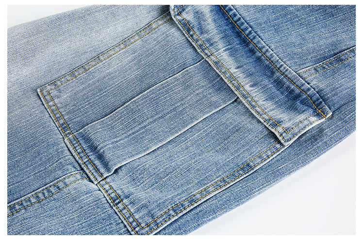 Multi-Pocket Loose Straight Leg Wide Leg Washed Cargo Denim Pants