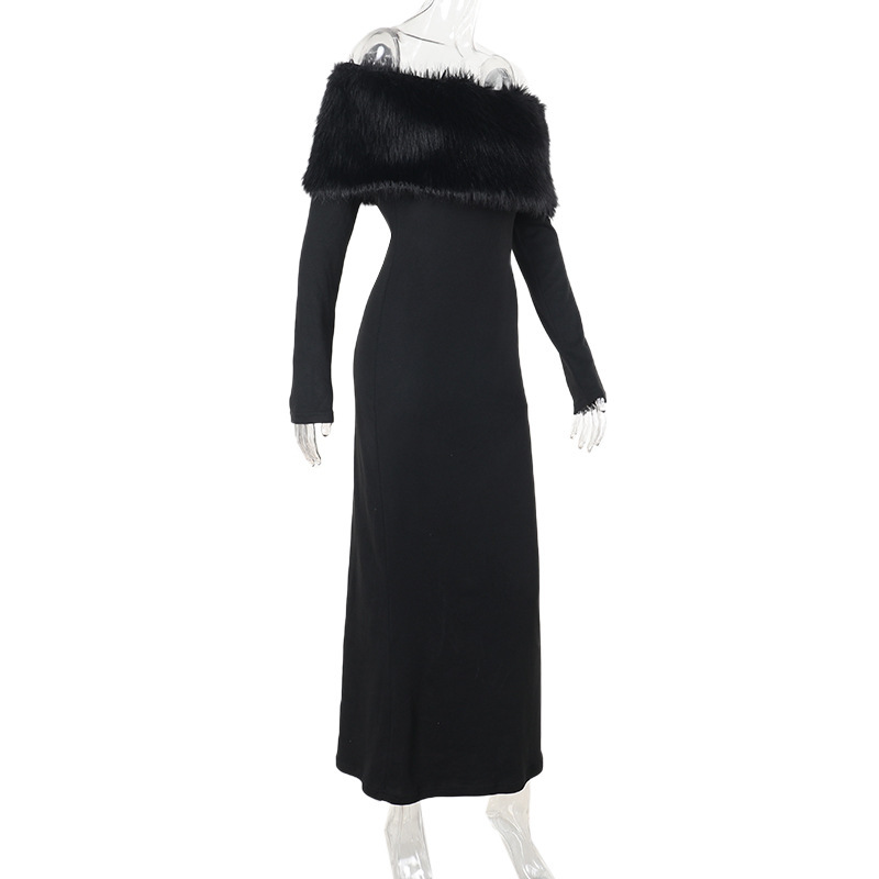 Body-Hugging Asymmetric Furry Trim Three-Quarter Sleeve Dress