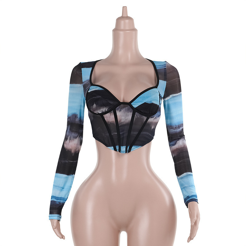 Long Sleeve Polyester Geometric Net Fitted Blouse