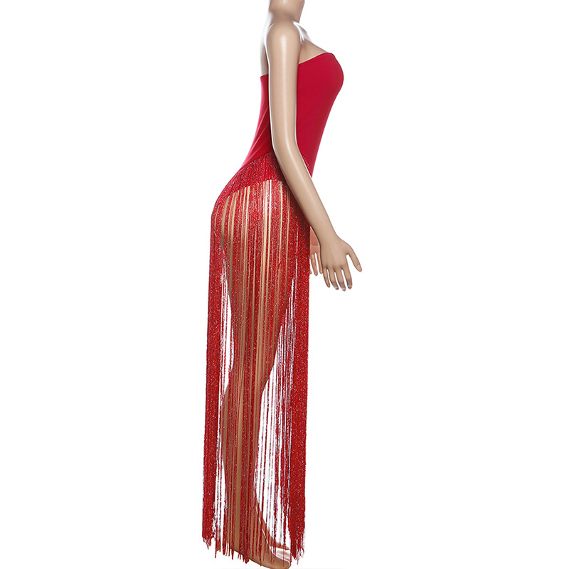 Raised-Waist Open Back Bandeau Fitted Tassel Jumpsuit