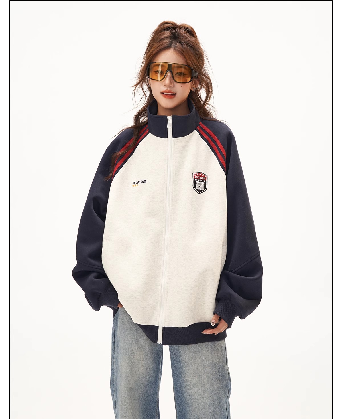 Retro Jacket for Women, High-End Patchwork Raglan Sleeve Hoodie Cardigan, Versatile Stand-Up Collar Top