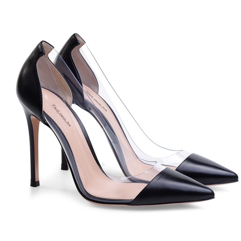 PVC Spliced Pointed High Heel Single Shoes Large Womens Shoes Fashion Shoes