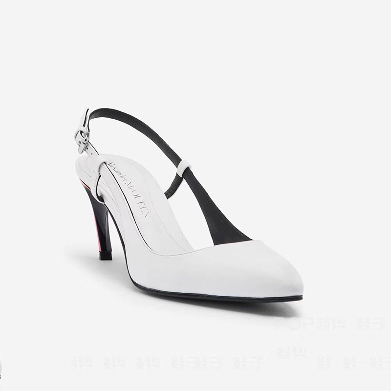 Round head, shallow mouth, slim heel, belt buckle, white sandals style color blocking irregular high heels